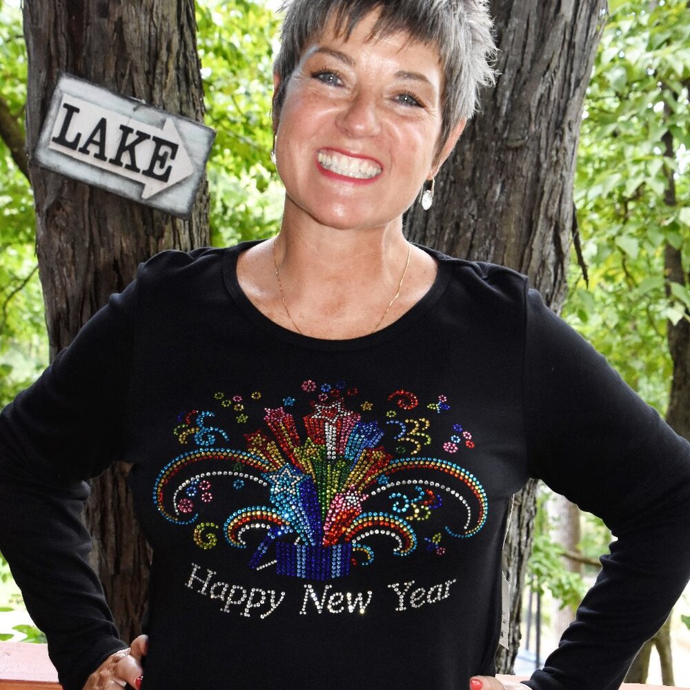 Happy New Year rhinestone long sleeved shirt XS S M L XL XXL 1…